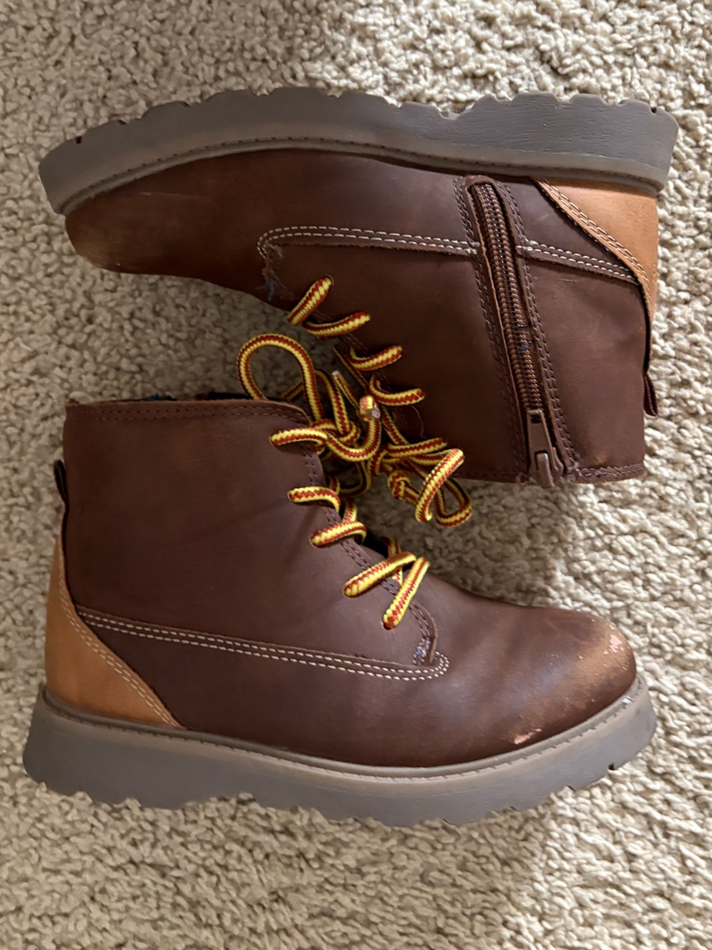 OshKosh B'gosh Boys Lace-Up Ankle Brown Boots with Yellow Accent Laces